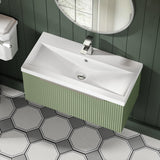 Hudson Reed Fluted 800mm Wall Hung Satin Green Single Drawer Vanity Unit Including Basin