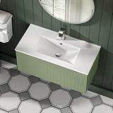 Hudson Reed Fluted 800mm Wall Hung Satin Green Single Drawer Vanity Unit With Basin