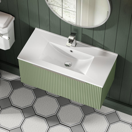 Hudson Reed Fluted 800mm Wall Hung Satin Green Single Drawer Vanity Unit With Basin