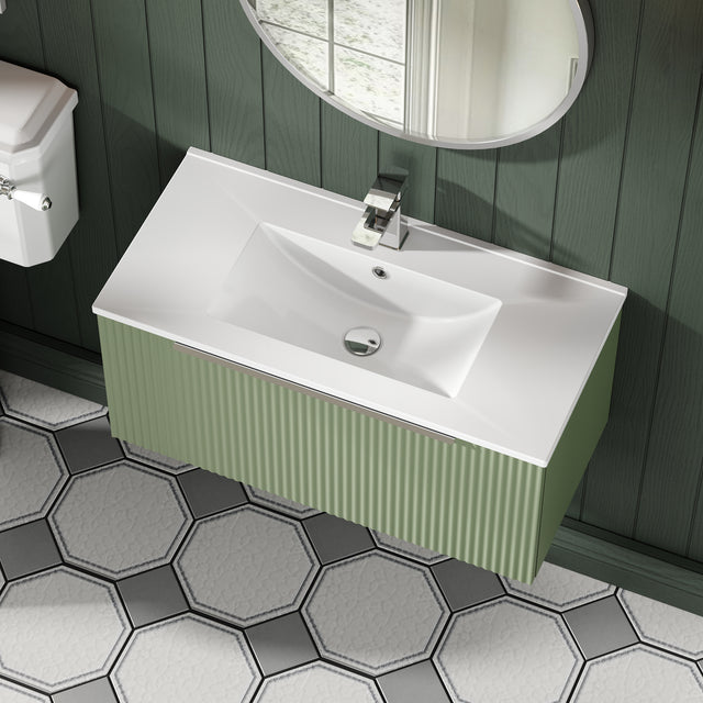 Hudson Reed Fluted 800mm Wall Hung Satin Green Single Drawer Vanity Unit With Basin