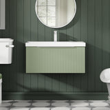 Hudson Reed Fluted 800mm Satin Green Wall Hung Single Drawer Vanity Unit With Thin-Edge Basin