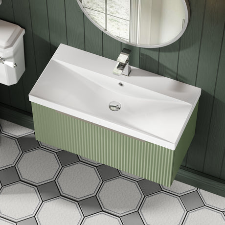 Hudson Reed Fluted 800mm Satin Green Wall Hung Single Drawer Vanity Unit With Thin-Edge Basin