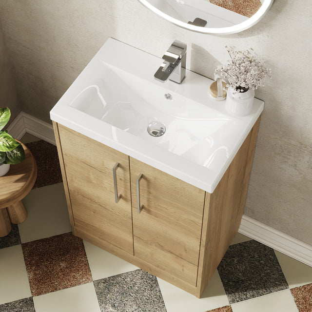 Hudson Reed Juno 600mm Autumn Oak Floor Standing 2-Door Vanity Unit with 1 Tap Hole Basin
