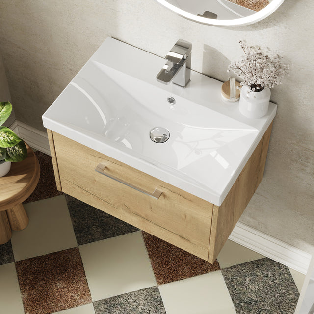 Hudson Reed Juno 600mm Autumn Oak Wall Hung Single Drawer Vanity Unit With Thin-Edge 1 Tap Hole Basin