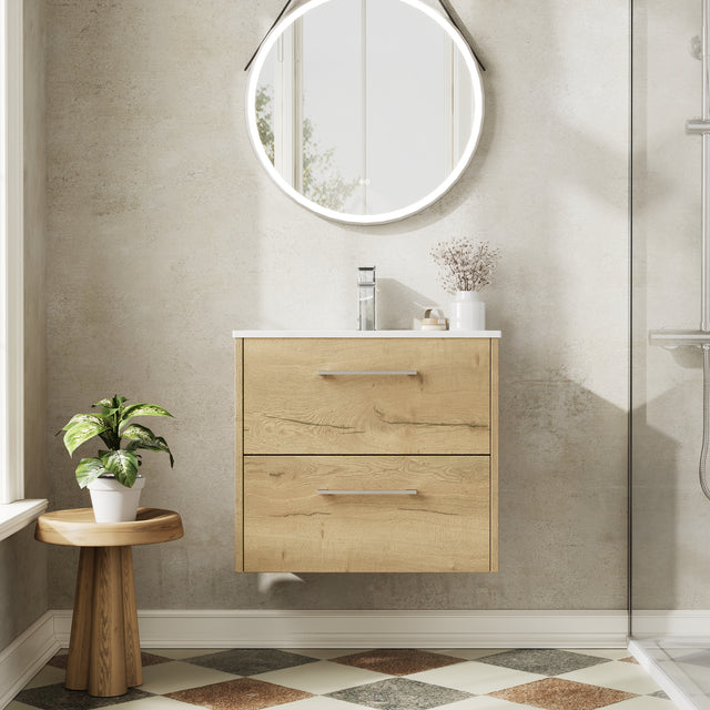 Hudson Reed Juno 600mm Autumn Oak Wall Hung 2-Drawer Vanity Unit with 1 Tap Hole Basin