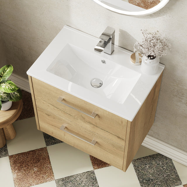 Hudson Reed Juno 600mm Autumn Oak Wall Hung 2-Drawer Vanity Unit with 1 Tap Hole Basin
