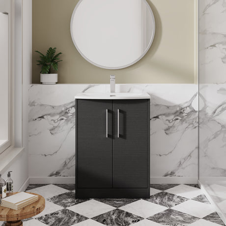 Hudson Reed Juno 600mm Graphite Grey Woodgrain Floor Standing 2-Door Vanity Unit & Basin