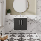Hudson Reed Juno 600mm Wall Hung Graphite Grey Woodgrain 2-Door Vanity Unit With 1 Tap Hole Basin