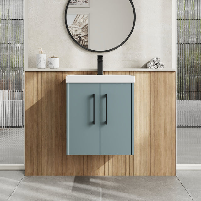 Hudson Reed Juno 500mm Coastal Grey Wall Hung 2-Door Vanity with Thin-Edge 1 Tap Hole Basin