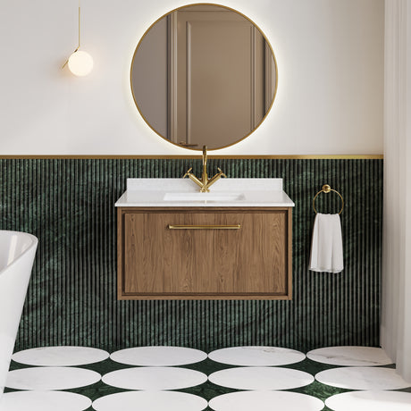 Hudson Reed Lille 800mm Antique Oak Wall Hung Single Drawer Vanity Unit with Marble Worktop Basin