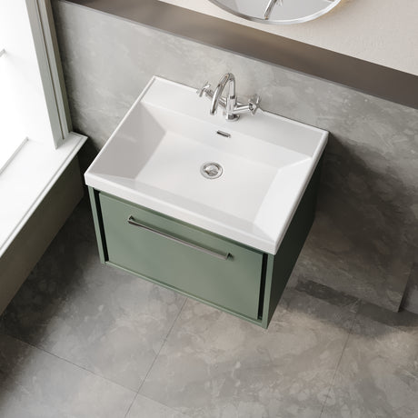 Hudson Reed Lille 600mm Fern Green Wall Hung Single Drawer Vanity Unit With Basin