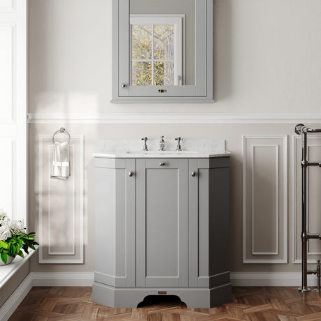 Hudson Reed Old London 750mm Storm Grey Floor Standing 3 Door Vanity Unit with 3 Tap Hole White Marble Top Basin
