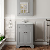 Hudson Reed Old London 620mm Storm Grey Floor Standing 2 Door Vanity Unit with White Marble Top 1 Tap Hole Soft Close