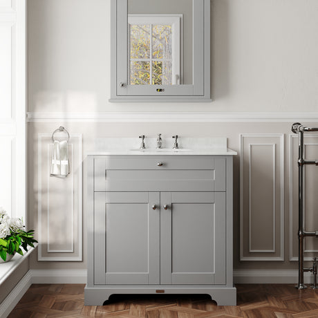 Hudson Reed Old London 800mm Storm Grey Floor Standing 2 Door Vanity Unit with 3 Tap Hole White Marble Top Basin