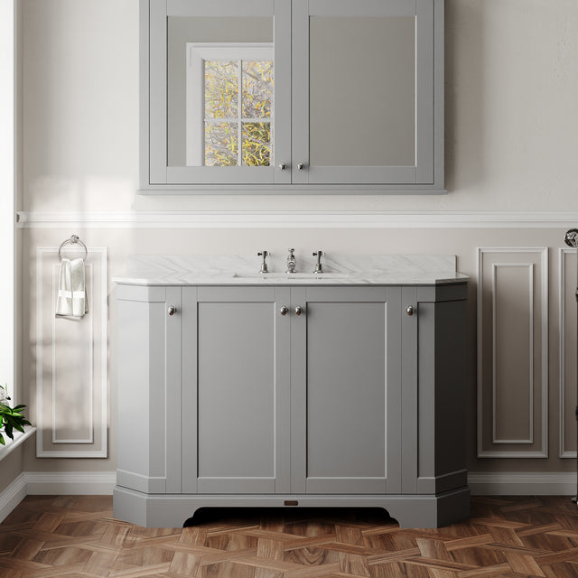 Hudson Reed Old London 1200mm Storm Grey Floor Standing Vanity Unit With 3 Tap Hole Grey Marble Top Basin