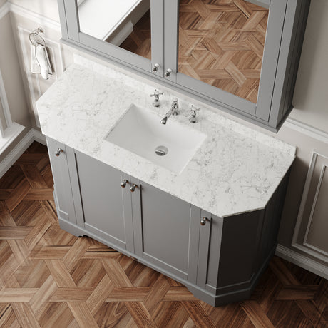Hudson Reed Old London 1200mm Storm Grey Floor Standing 4 Door Vanity Unit with 3 Tap Hole White Marble Top Basin