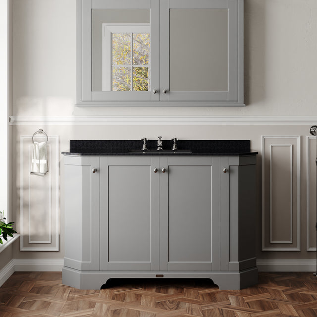 Hudson Reed Old London 1200mm Storm Grey Floor Standing 4 Door Vanity Unit With 3 Tap Hole Black Marble Top Basin
