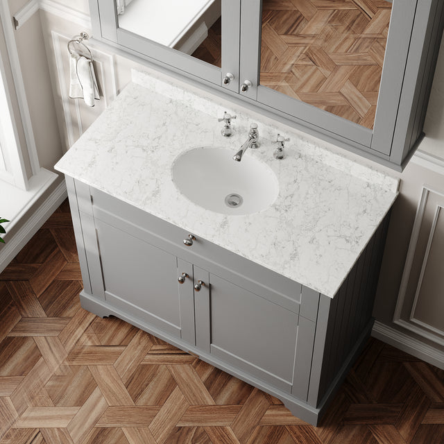 Hudson Reed Old London 1000mm Storm Grey Floor Standing 2 Door Vanity Unit With Grey Marble Top Basin 3 Taphole