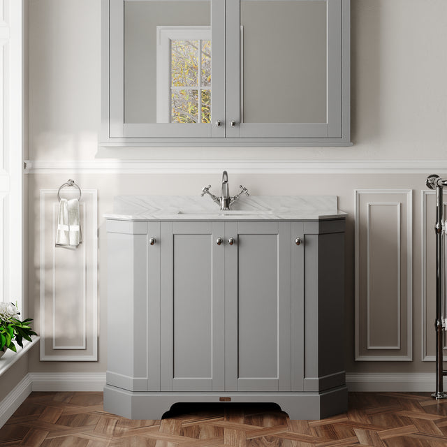 Hudson Reed Old London 1036mm Storm Grey Floor Standing 4 Door Vanity Unit with 1 Tap Hole Grey Marble Top Basin