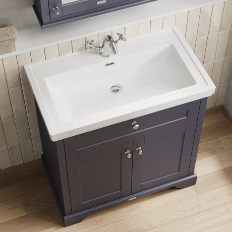 Hudson Reed Old London 800mm Twilight Blue Floor Standing 2 Door Vanity Unit With 1 Tap Hole Fireclay Basin