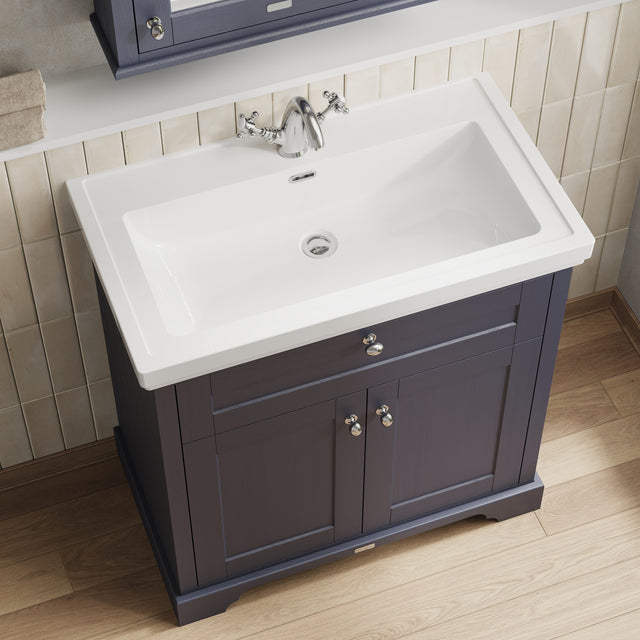 Hudson Reed Old London 800mm Twilight Blue Floor Standing 2 Door Vanity Unit With 1 Tap Hole Fireclay Basin