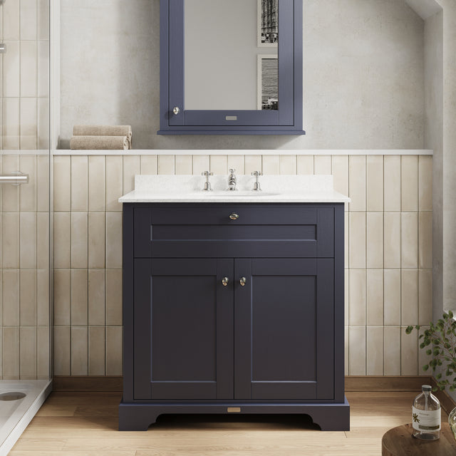 Hudson Reed Old London 800mm Floor Standing 2 Door Vanity Unit With 3 Tap Hole White Marble Top Basin