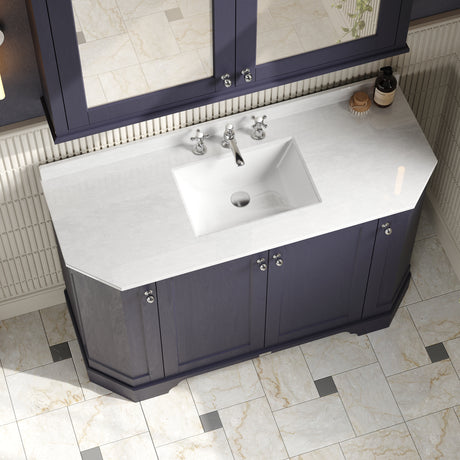 Hudson Reed Old London 1236mm Twilight Blue Floor Standing 4 Door Vanity Unit with 3 Tap Hole White Marble Top Basin