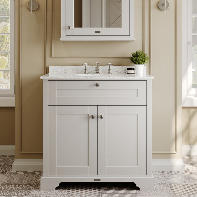 Hudson Reed Old London 820mm Floor Standing 2 Door Vanity Unit with 3 Tap Hole Grey Marble Top Basin