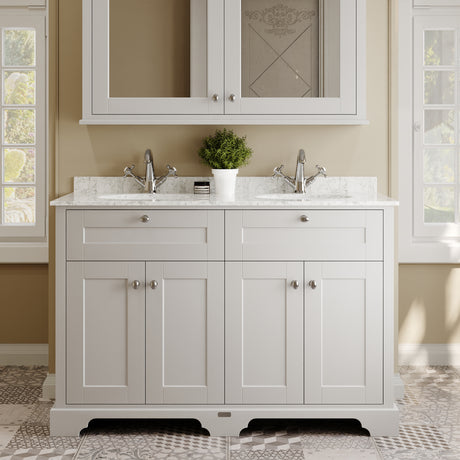 Hudson Reed Old London 1220mm Timeless Sand Floor Standing 4 Door Vanity Unit With Grey Marble Top Double Basin
