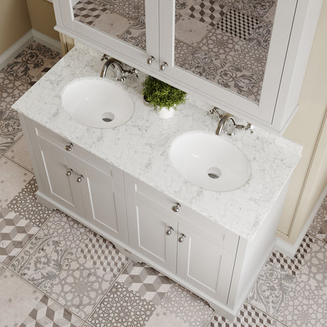 Hudson Reed Old London 1220mm Timeless Sand Floor Standing 4 Door Vanity Unit With Grey Marble Top Double Basin
