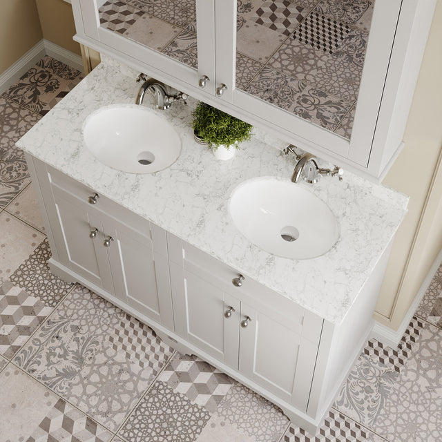 Hudson Reed Old London 1220mm Timeless Sand Floor Standing 4 Door Vanity Unit With Grey Marble Top Double Basin