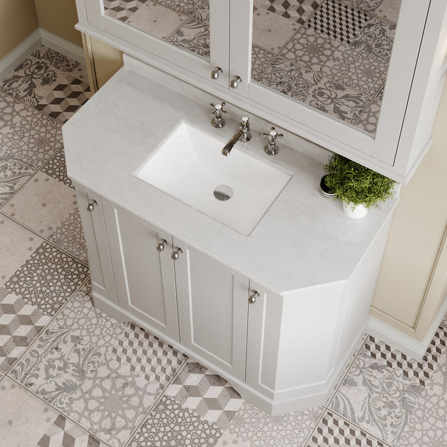 Hudson Reed Old London 1000mm Timeless Sand Floor Standing 4 Door Vanity Unit With White Marble Top & 3 Tap Hole Basin
