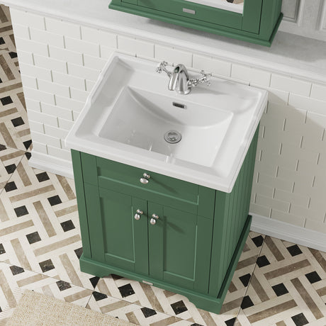 Hudson Reed Old London 600mm Hunter Green Floor Standing 2 Door Vanity Unit with 1 Tap Hole Ceramic Basin