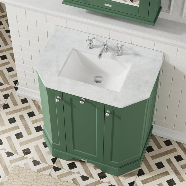 Hudson Reed Old London 750mm Hunter Green Floor 3 Door Vanity Unit with 3 Tap Hole White Marble Top Basin