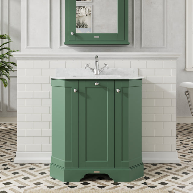 Hudson Reed Old London 786mm Hunter Green Floor Standing 3 Door Vanity Unit With White Marble Top Basin