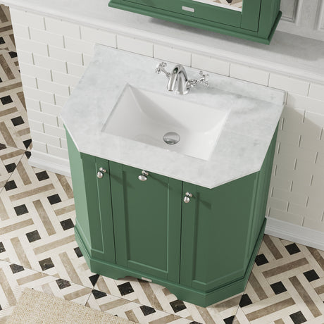 Hudson Reed Old London 786mm Hunter Green Floor Standing 3 Door Vanity Unit With White Marble Top Basin