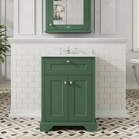 Hudson Reed Old London Hunter Green Floor Standing 2 Door Vanity Unit With 3 Tap Hole White Marble Top Basin