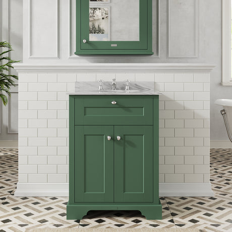 Hudson Reed Old London 620mm Hunter Green Floor Standing 2 Door Vanity Unit With 3 Tap Hole Grey Marble Top Basin