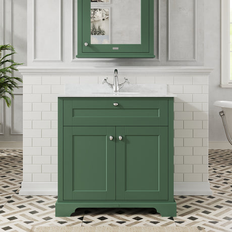 Hudson Reed Old London 800mm Hunter Green Floor Standing 2 Door Vanity Unit With White Marble Top Basin