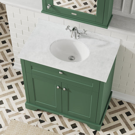 Hudson Reed Old London 800mm Hunter Green Floor Standing 2 Door Vanity Unit With White Marble Top Basin