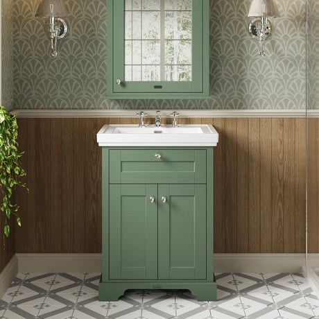 Hudson Reed Old London 600mm Hunter Green Floor Standing 2 Door Vanity Unit With 3 Tap Hole Fireclay Basin