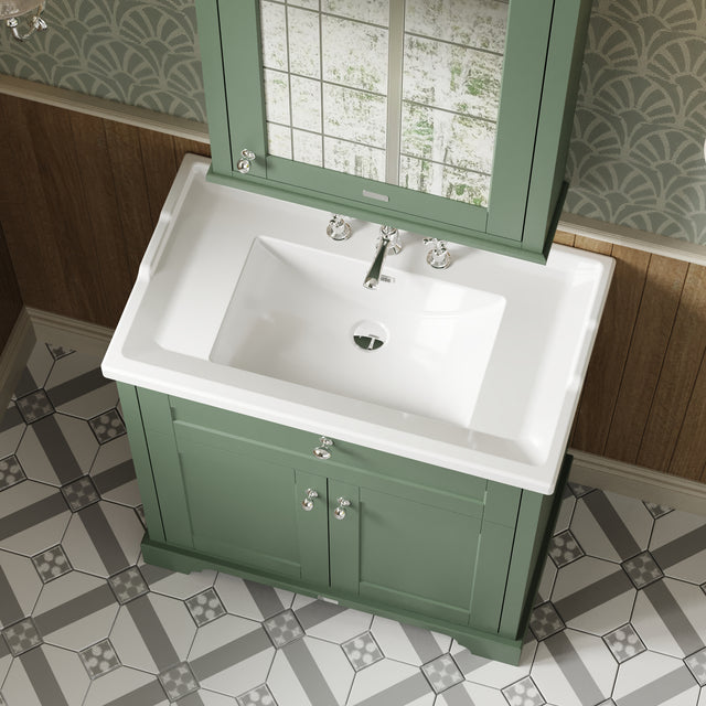 Hudson Reed Old London 820mm Hunter Green Floor Standing 2 Door Vanity Unit With 3 Tap Hole Ceramic Basin