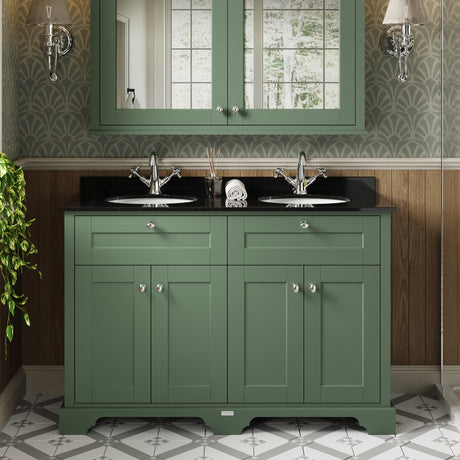 Hudson Reed Old London 1220mm Hunter Green Floor Standing 4 Door Double Basin Black Marble Top Vanity Unit