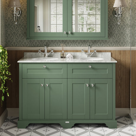 Hudson Reed Old London 1220mm Hunter Green Floor Standing Double Basin Vanity Unit With White Marble Top
