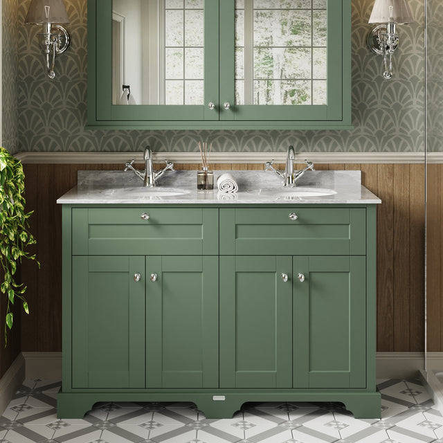 Hudson Reed Old London 1200mm Hunter Green Floor Standing 4 Door Vanity Unit With Grey Marble Top Double Basin