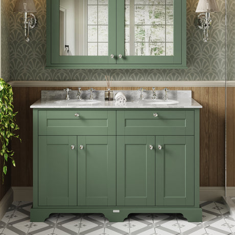 Hudson Reed Old London 1220mm Hunter Green Floor Standing 4 Door Vanity Unit with Grey Marble Top Double Basin