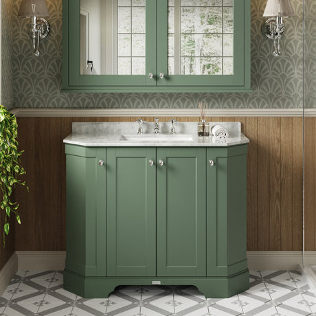 Hudson Reed Old London Hunter Green Floor Standing Vanity Unit With 3 Tap Hole White Marble Top Basin