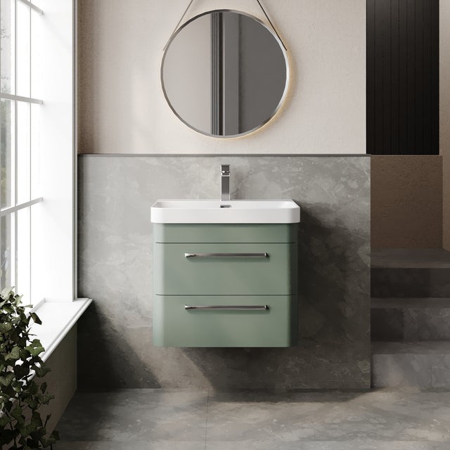 Solar 600mm Wall Hung 2-Drawer Unit and Thin Edge Ceramic 1 Tap Hole Basin