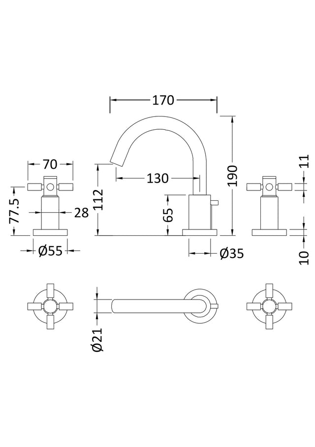 Tec Crosshead 3 Tap Hole Basin Mixer