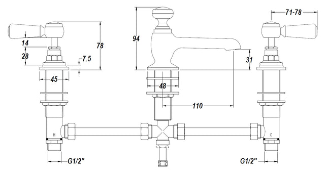 White Topaz With Lever Handle 3 Tap Hole Basin Mixer